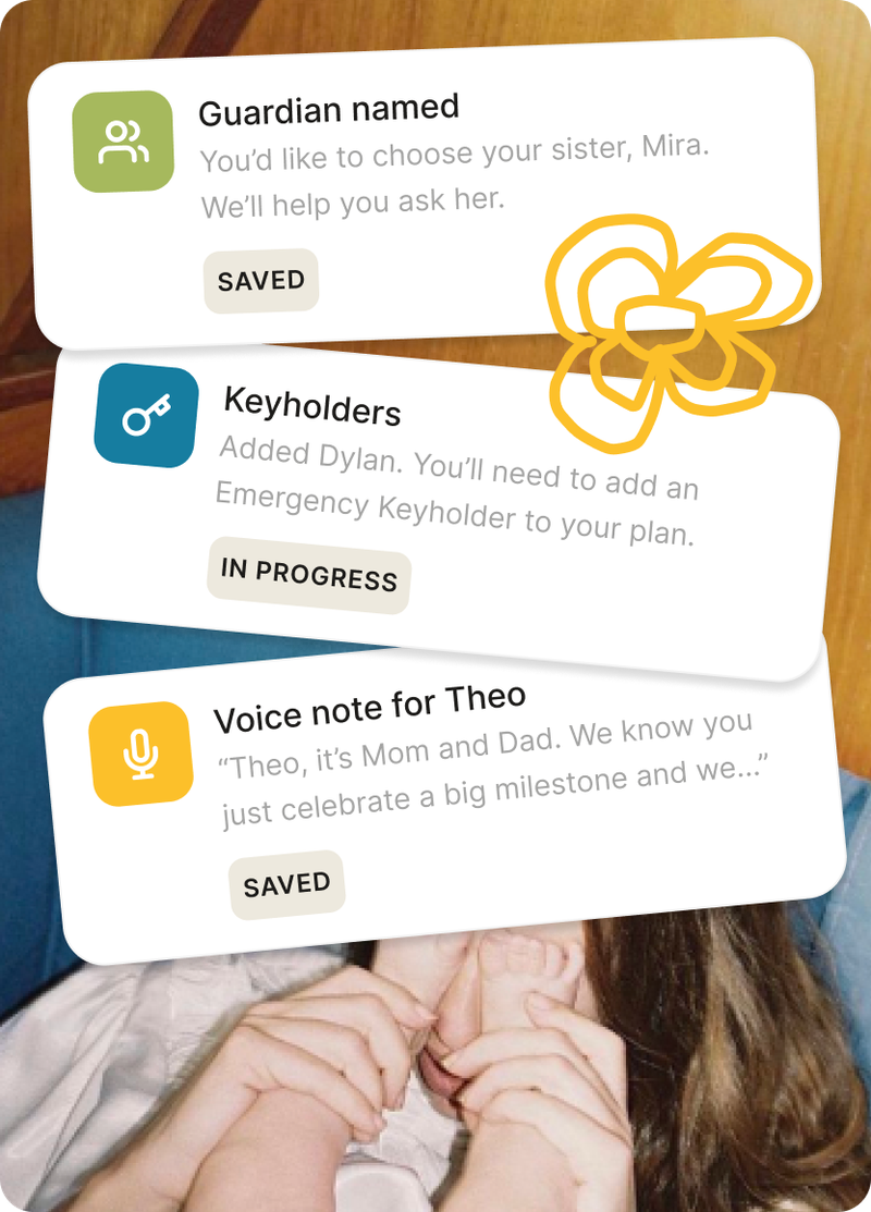 In-app notices flagging a guardian, keyholders, and a saved voice note