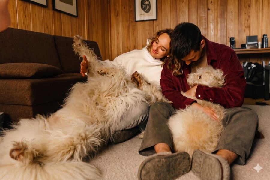 A couple relaxing on the floor at home with their dogs